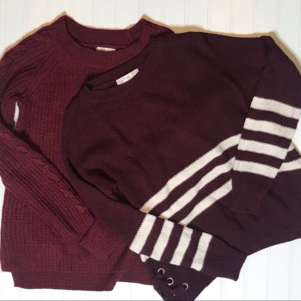 Burgundy Sweater Bundle S XS Pink Republic Lace Up + Cable Knit Cozy Fall Set